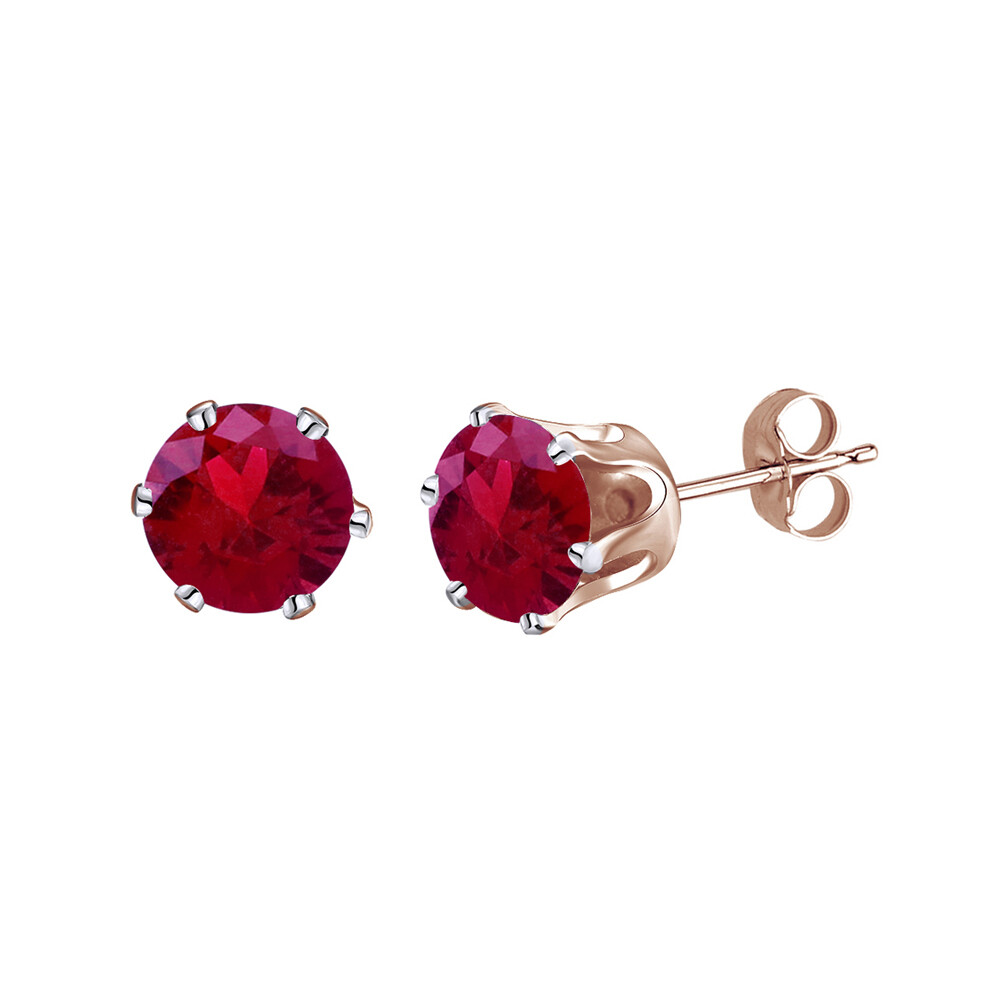 6mm Round Cut Simulated Red Ruby 6 Prong Stud Earrings 14k Rose Gold Plated