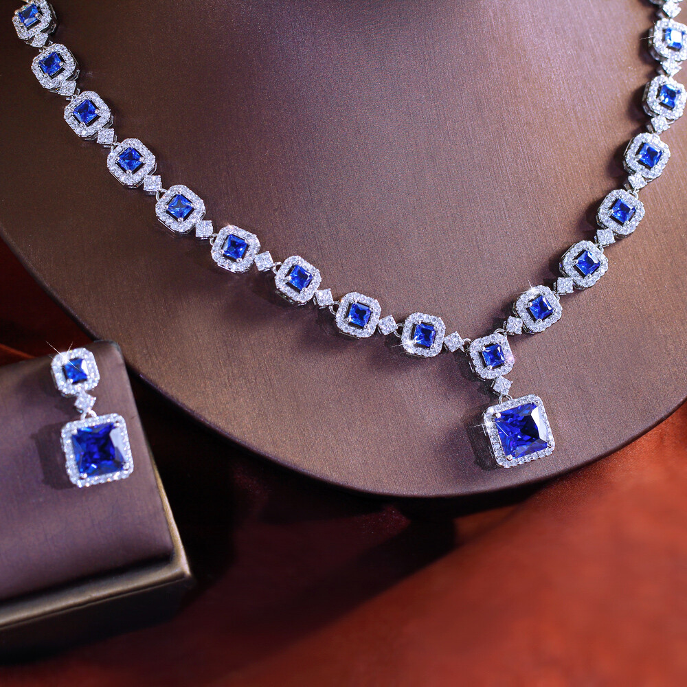 Blue Square Drop Earrings Necklace Silver Plated Cubic Zircon Bridal Jewelry Set