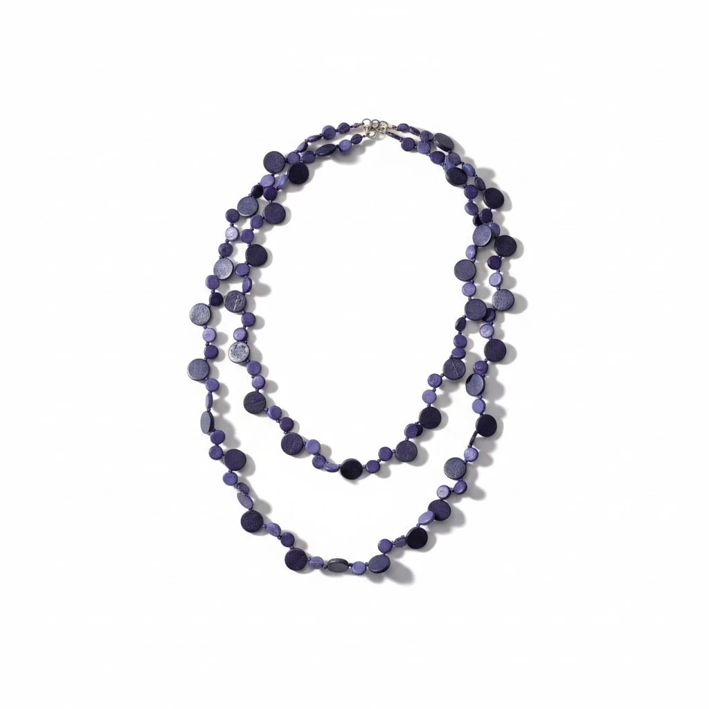 Coconut shell bead necklace long purple handmade fairtrade