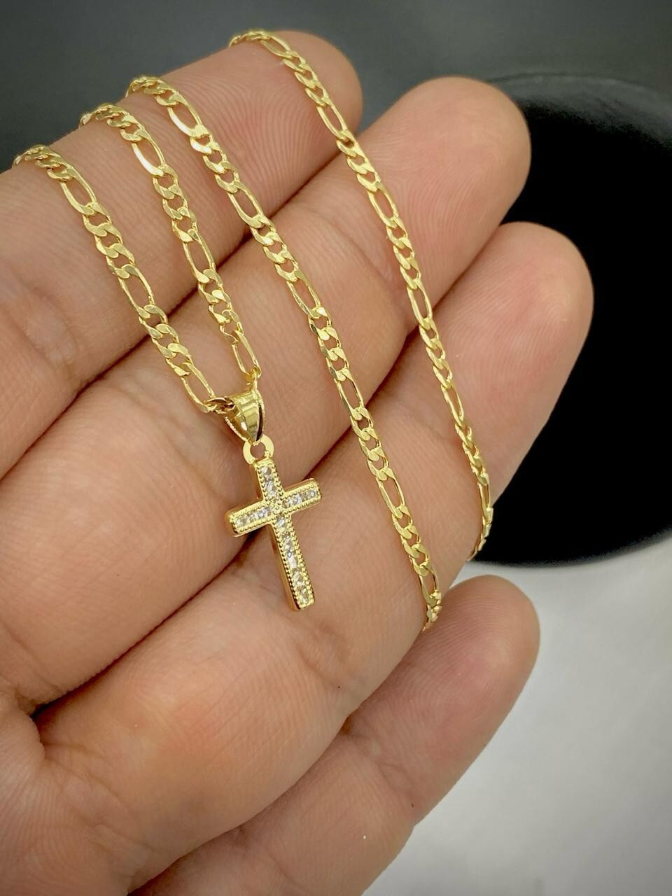 Men Women Cross CZ Pendant 14k Gold Filled Figaro Chain Necklace Baby Kids 17×10