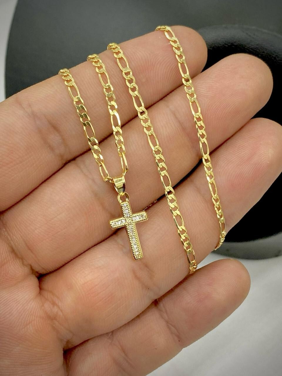 Men Women Cross CZ Pendant 14k Gold Filled Figaro Chain Necklace Baby Kids 17×10