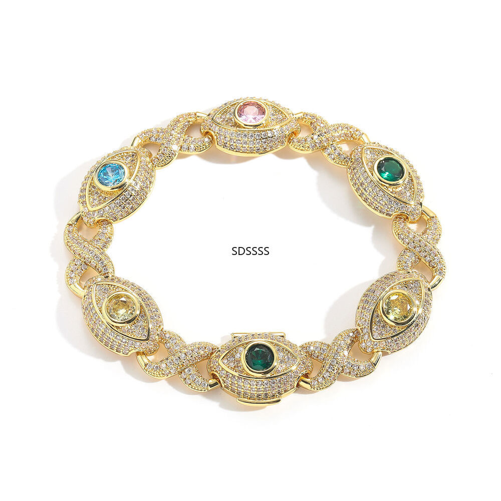 Cuban Chain Necklace Bracelets Zircon Mens Jewelry Hip Hop Colorful Eye