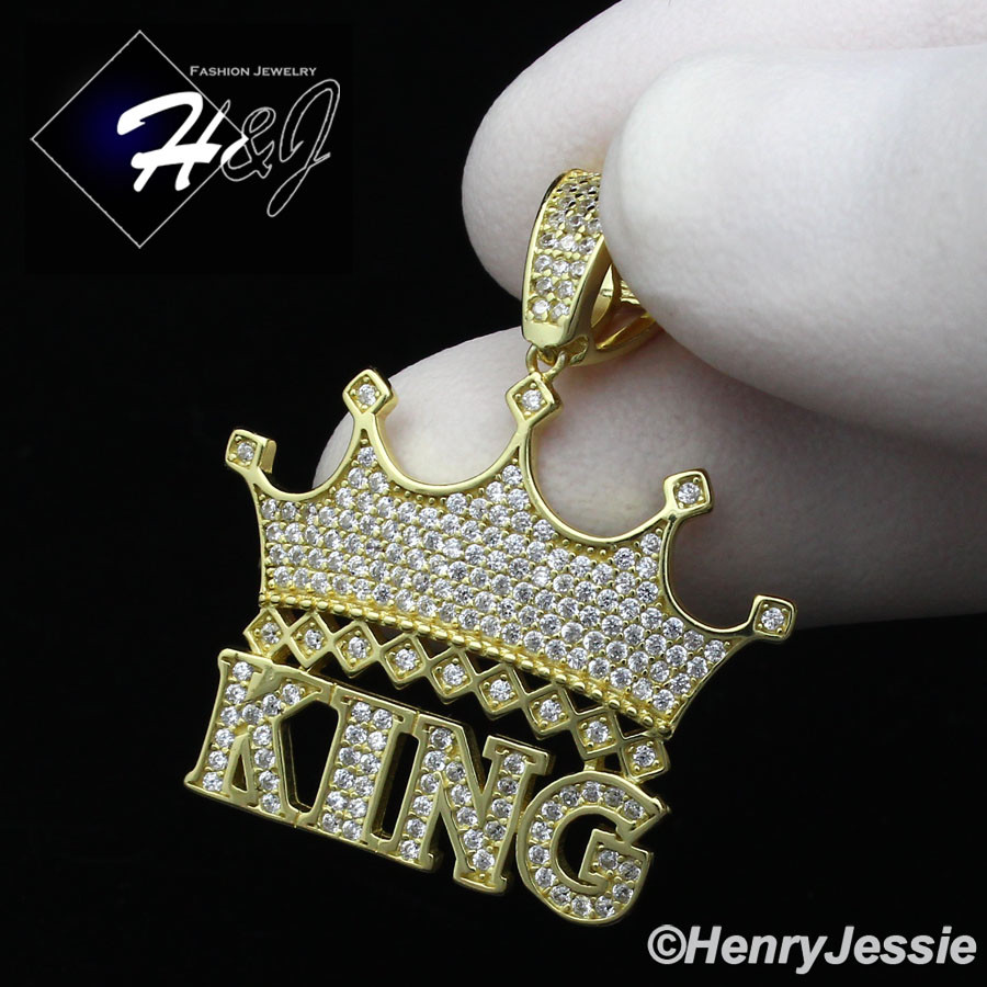 MEN 925 STERLING SILVER ICY CUBIC ZIRCONIA GOLD PLATED CROWN KING PENDANT*GP208