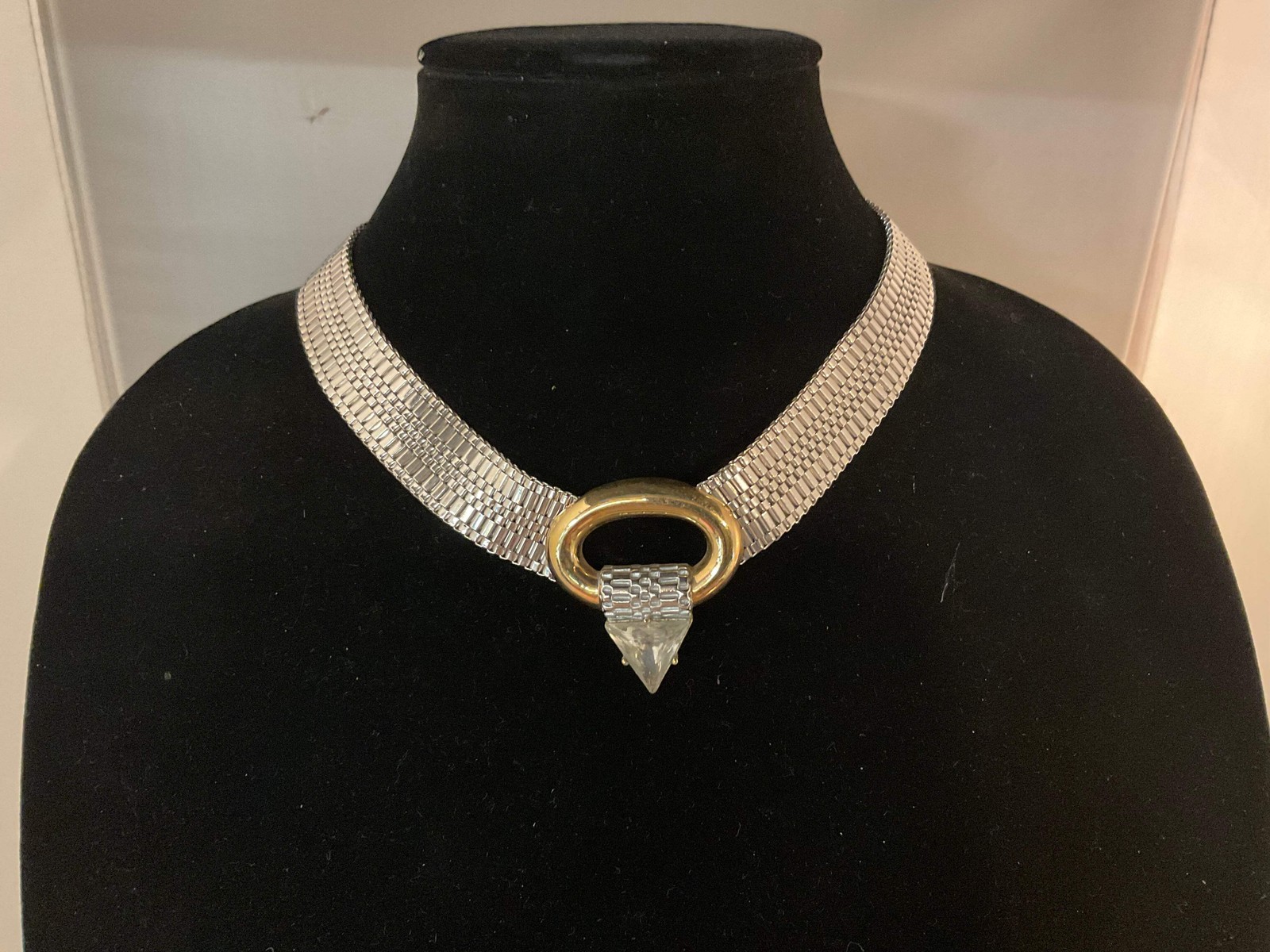 Vintage Silver Mesh Choker Necklace with Gold Oval Accent and Clear Rhinestone P