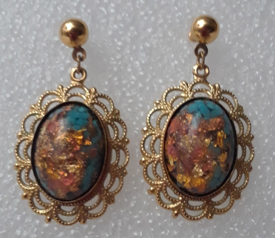 Gold Tone Drop Pierced Earrings Multicolor Faceted Stone