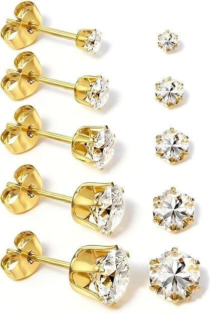 5 Pairs 14K Gold Silver Stainless Steel CZ Stud Earrings Set Women Men 3-7mm
