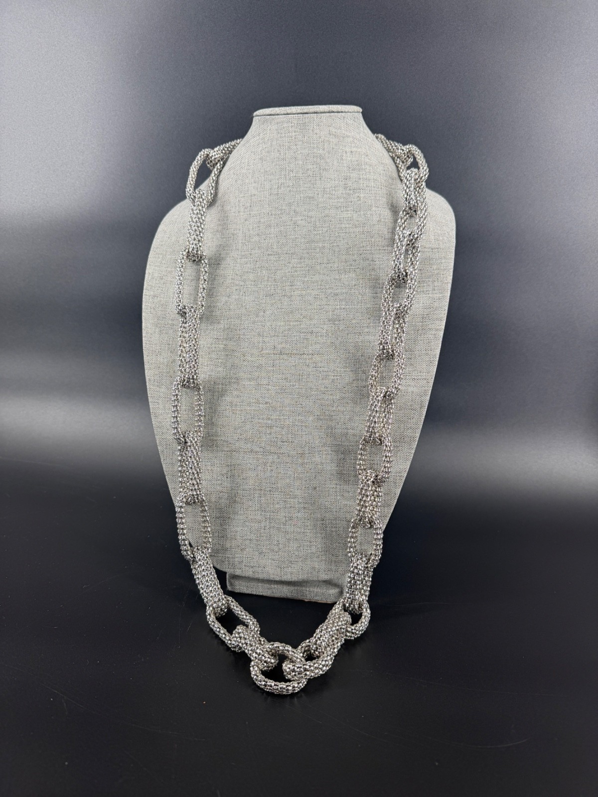 Silver Tone Mesh Chain Link Necklace Chunky Bold Statement 44″ 2010s