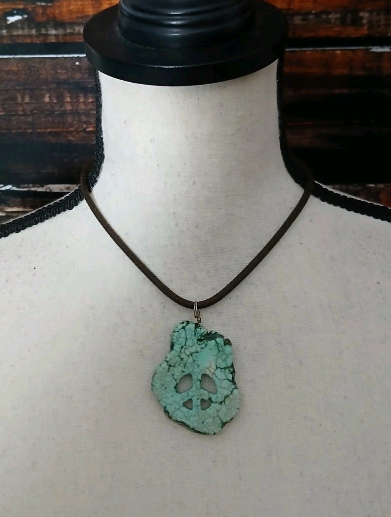 Vintage Turquoise Pendant Peace Sign 2″ Cut And Polished Stone