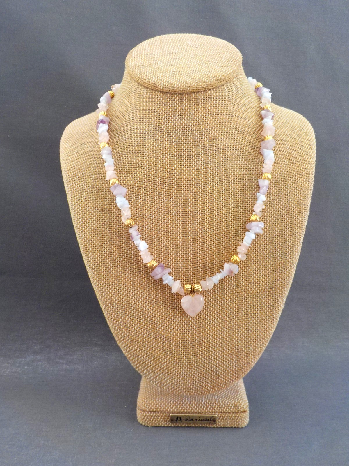 Pink He Purple Quartz Amethyst Chips Necklace Gold Tone Metal Bead 20.5″ Long