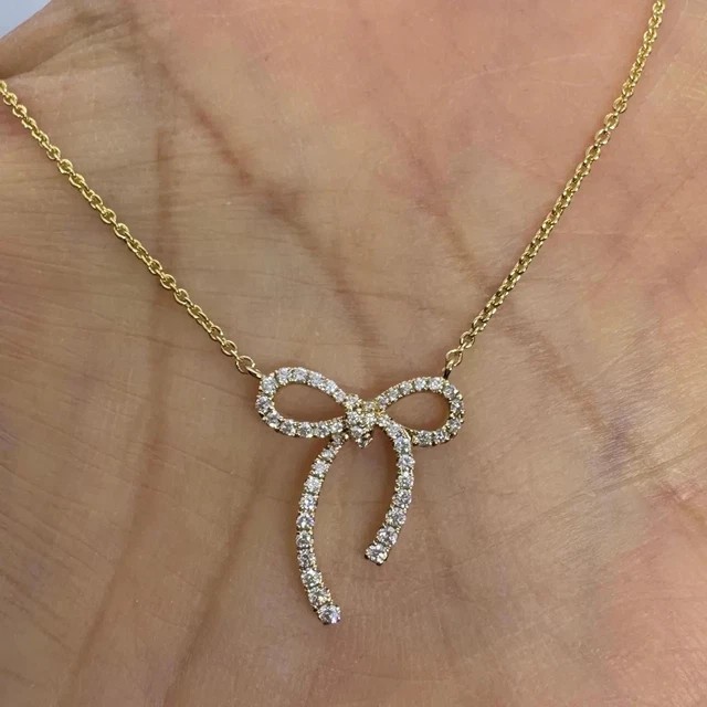 Ribbon Bow Shape Pendant 1Ct Round Cut Simulated Diamond 14K Yellow Gold Plated