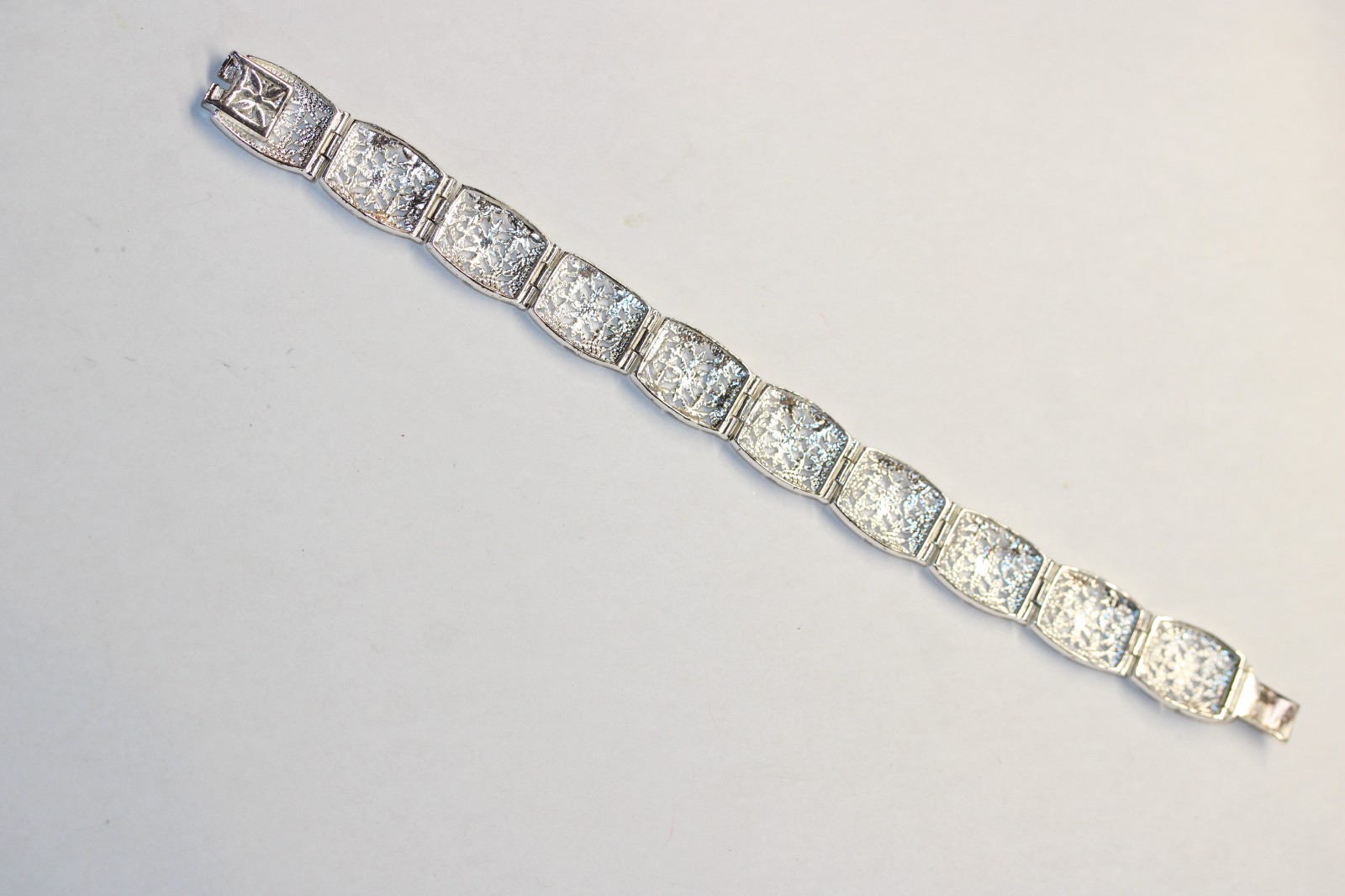 Vintage 925 Sterling Silver Floral Filigree Panel Bracelet 7.5” Signed 21g #285