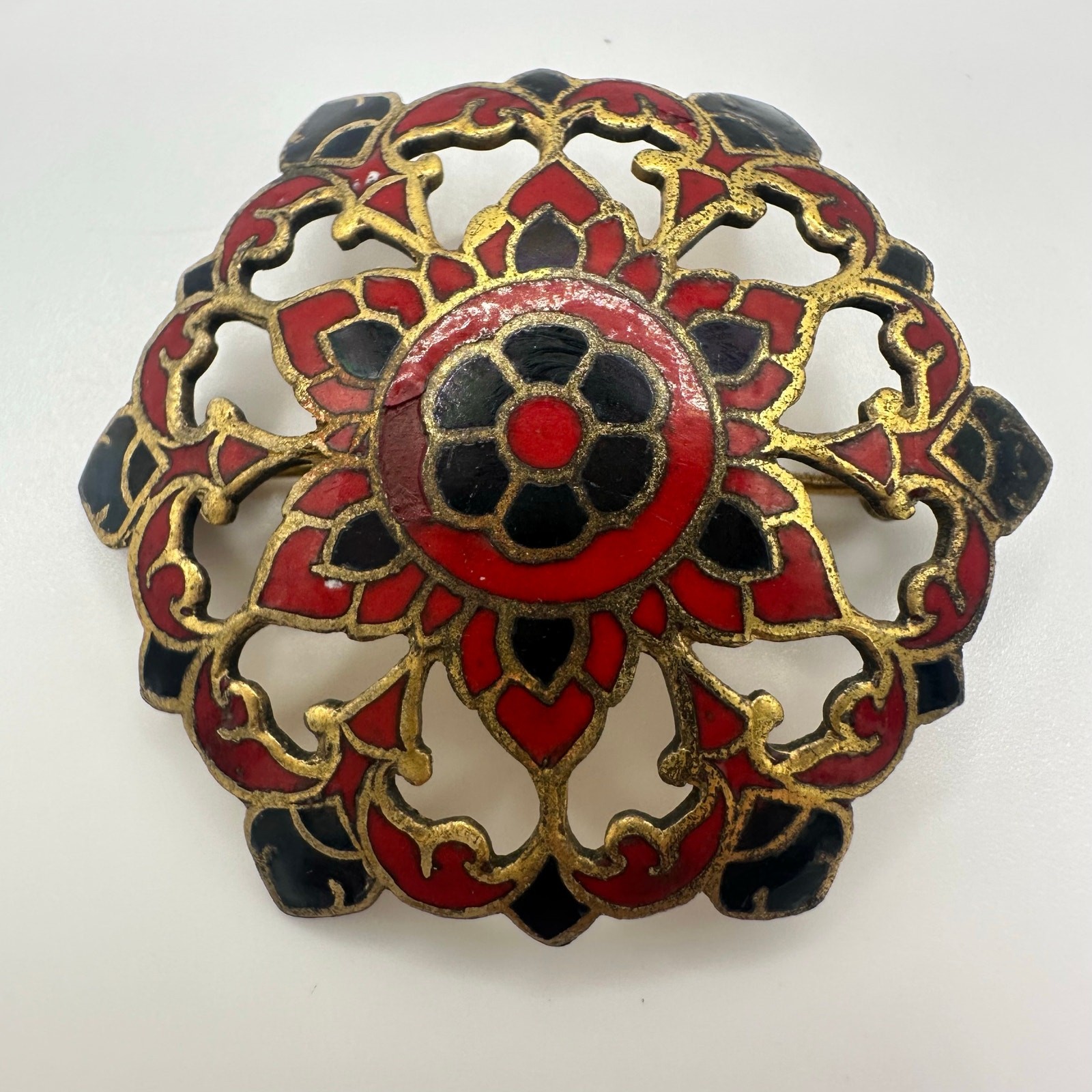 Antique 1890s Victorian French red black champlevé enamel openwork brass brooch