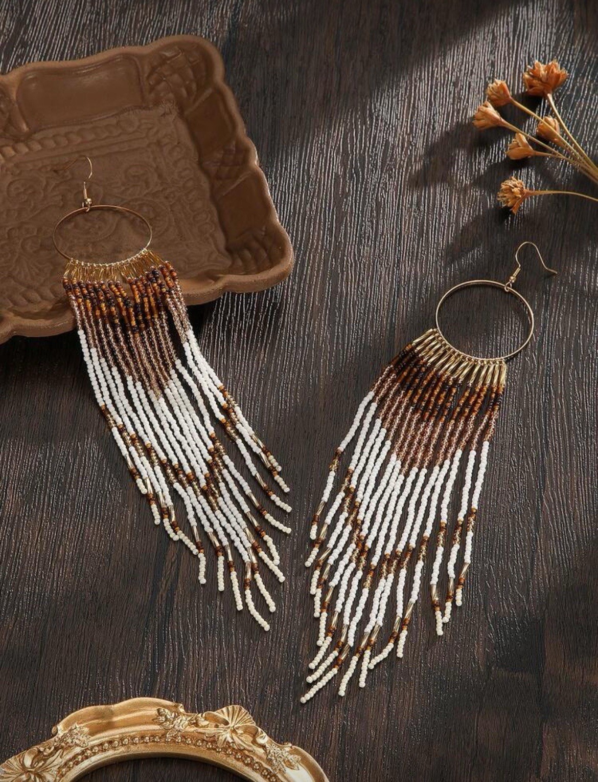 Extra Long Handmade Seed Bead Earrings Gold Round Hoop Gold White Brown Beaded