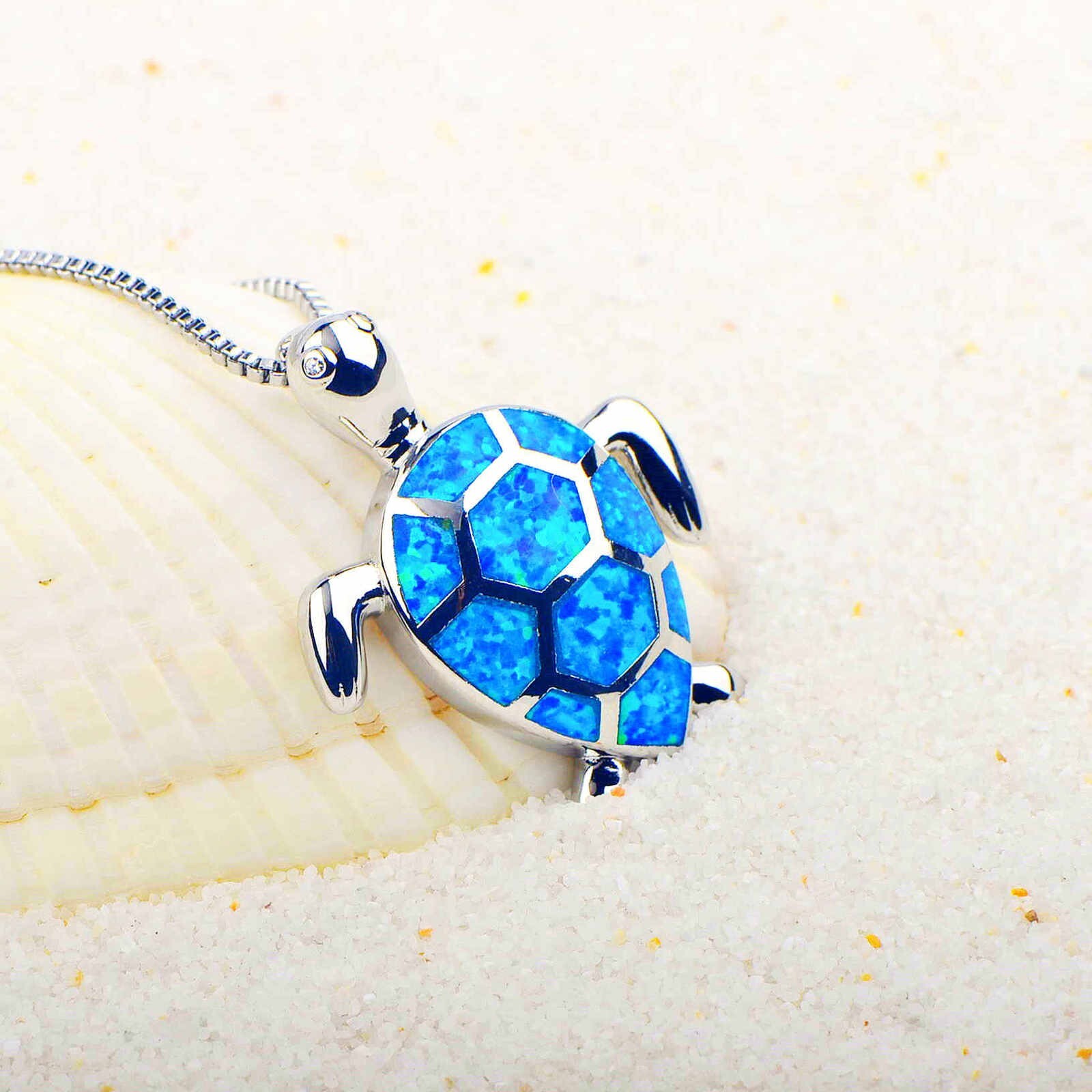 Hawaii Blue Fire Opal Turtle wave Necklace pendants Silver Filled For Women Girl
