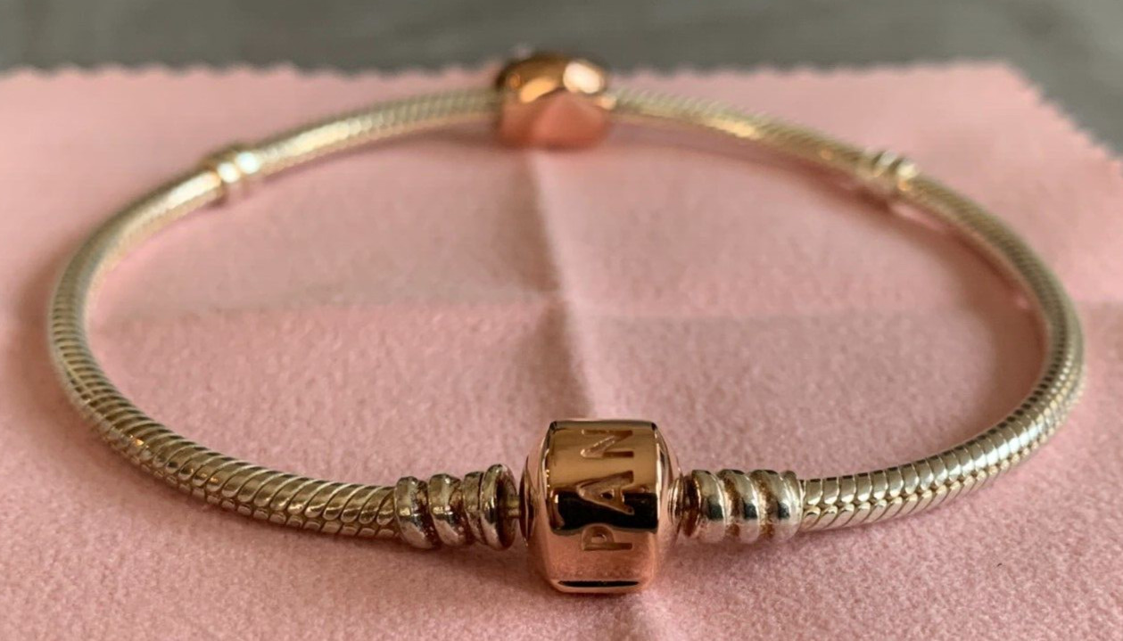 Pandora Rose Gold clasp Silver Bangle Bracelet 21cm 8.3″ 580702 & RG Heart charm