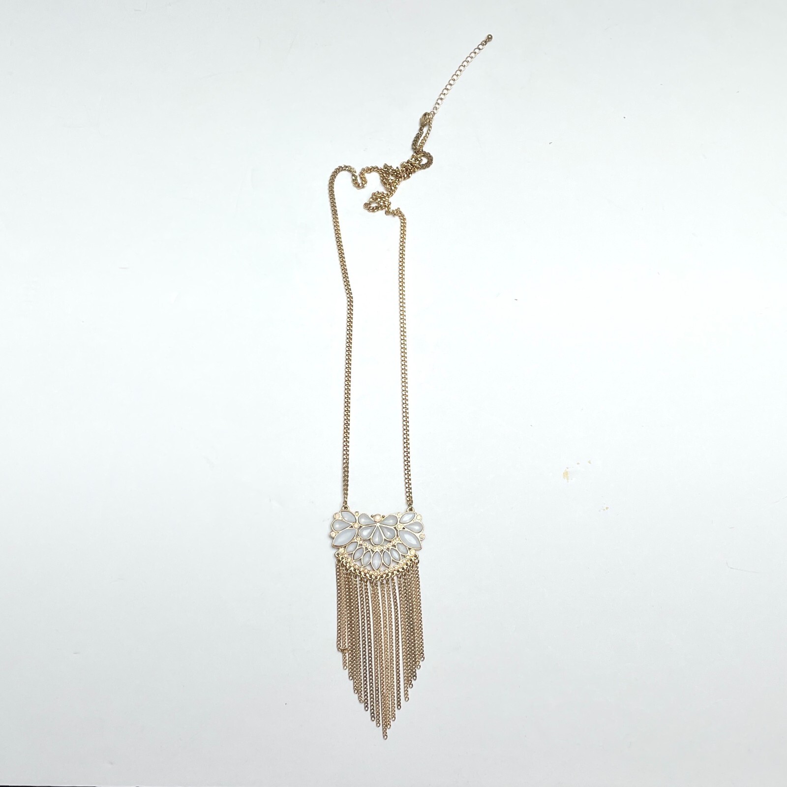 Gold Tone Long Pendant Necklace White Stones Chain Fringe Art Deco MCM