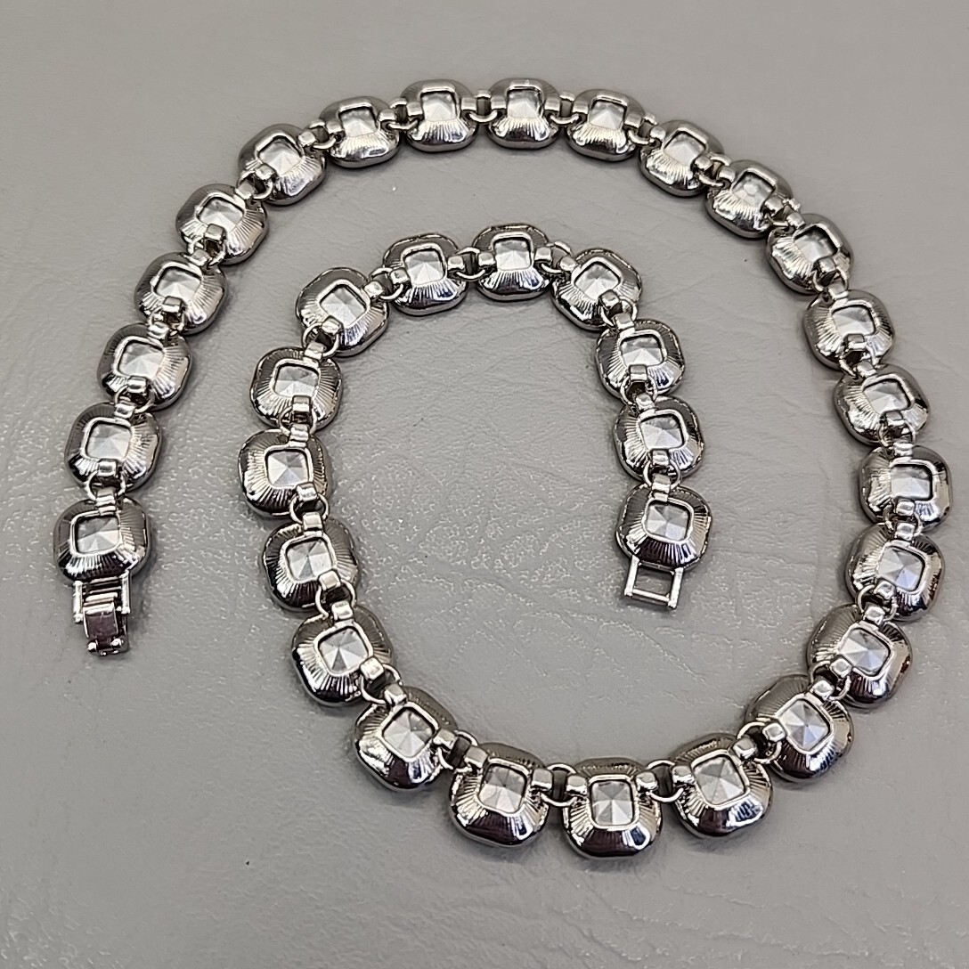 Glass Beaded Necklace Aurora Borealis Rounded Square Links JTV 19.5″