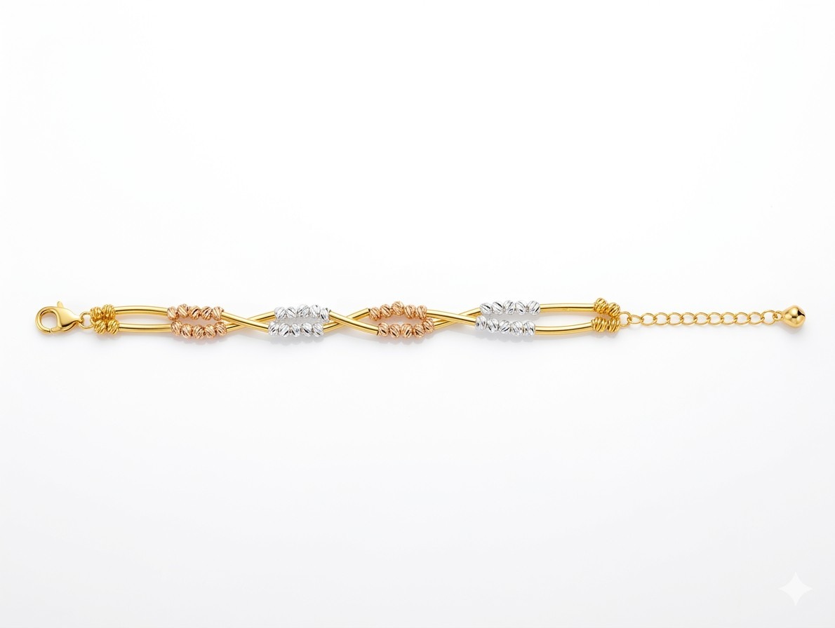24K Gold Plated 2 In 1 Tri-Color Gold, Silver and Rose Gold Beaded Bracelets