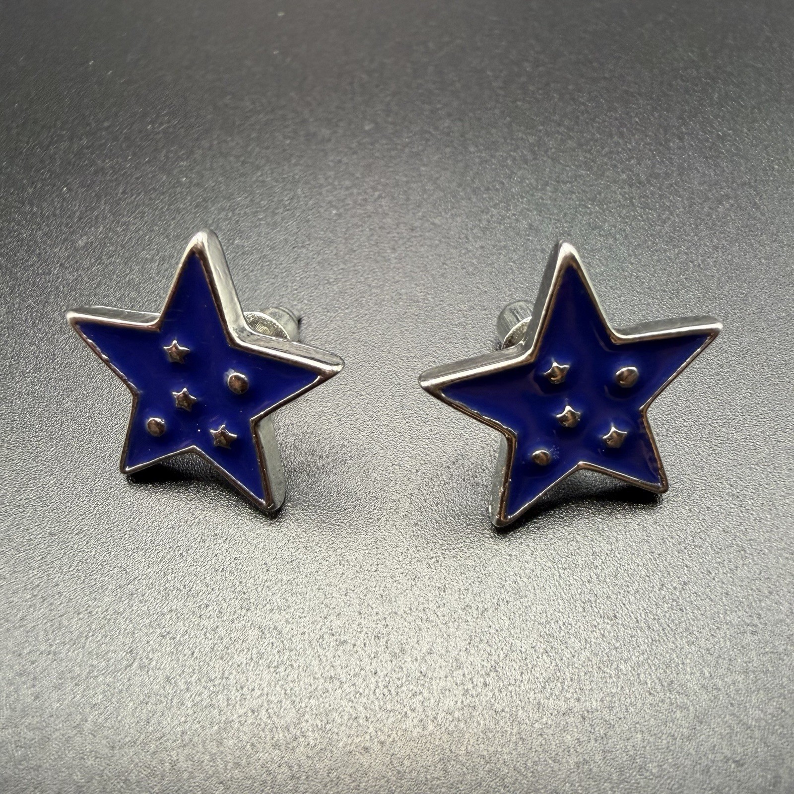 Patriotic USA Blue Enamel 5 Star Silver Tone Stud Earrings Brand New Jewelry