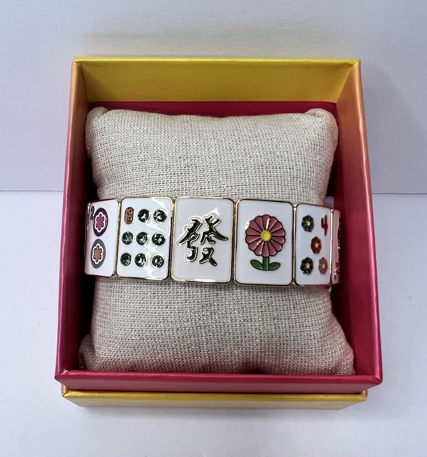 Piper K Mahjong Hand Painted Bangle Bracelet Glass Stones Game Tiles White New