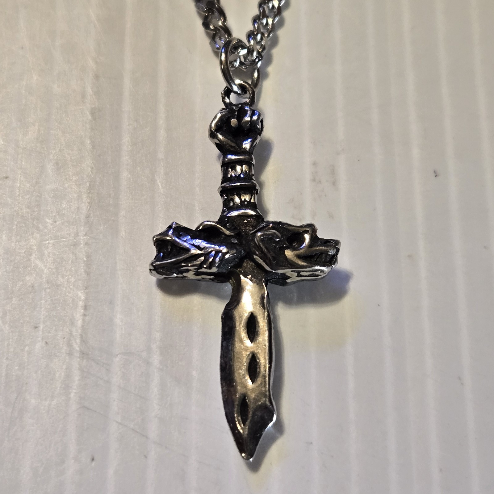 DRAGON HEAD DAGGER Pewter Pendant Charm /18″-24″ STAINLESS CURB CHAIN NECKLACE