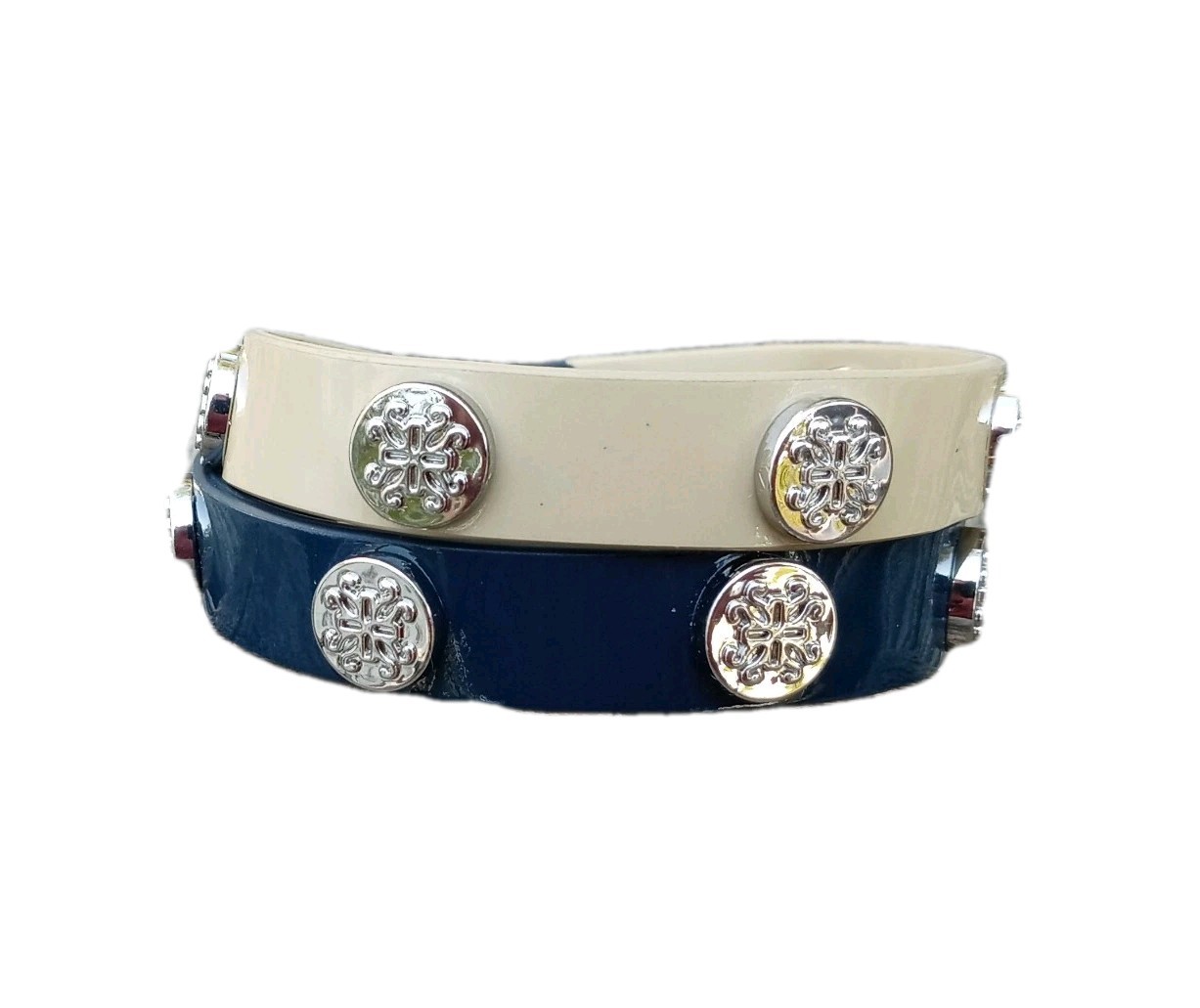 New Rustic Cuff Bracelet Blue Tan Shiny Leather Double Wrap Silver RC Logo Pegs