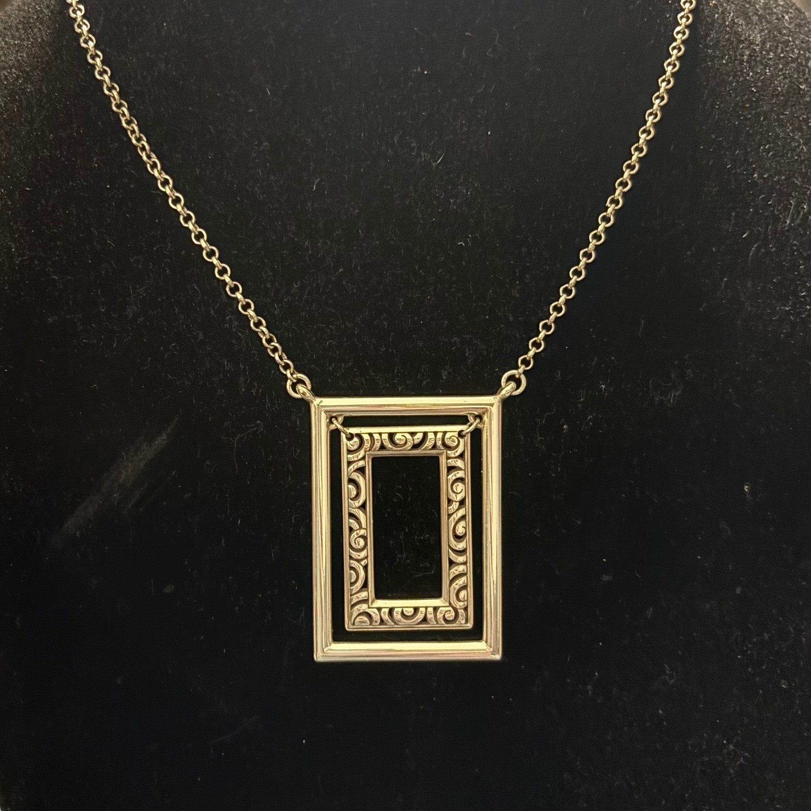 Brighton Silver Tone Double Frame Scrollwork Pendant Necklace Geometric