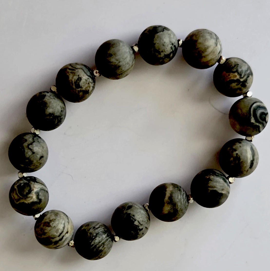 Swirled Gray Gemstone Beaded Stretch Bracelet- Fits Wrist Size 6 In