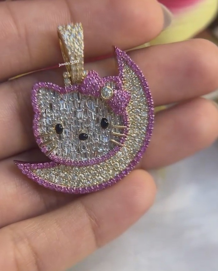 Latest New Year Gift Womens Lab Created Pink Sapphire Kitty Moon Pendant 925 SS