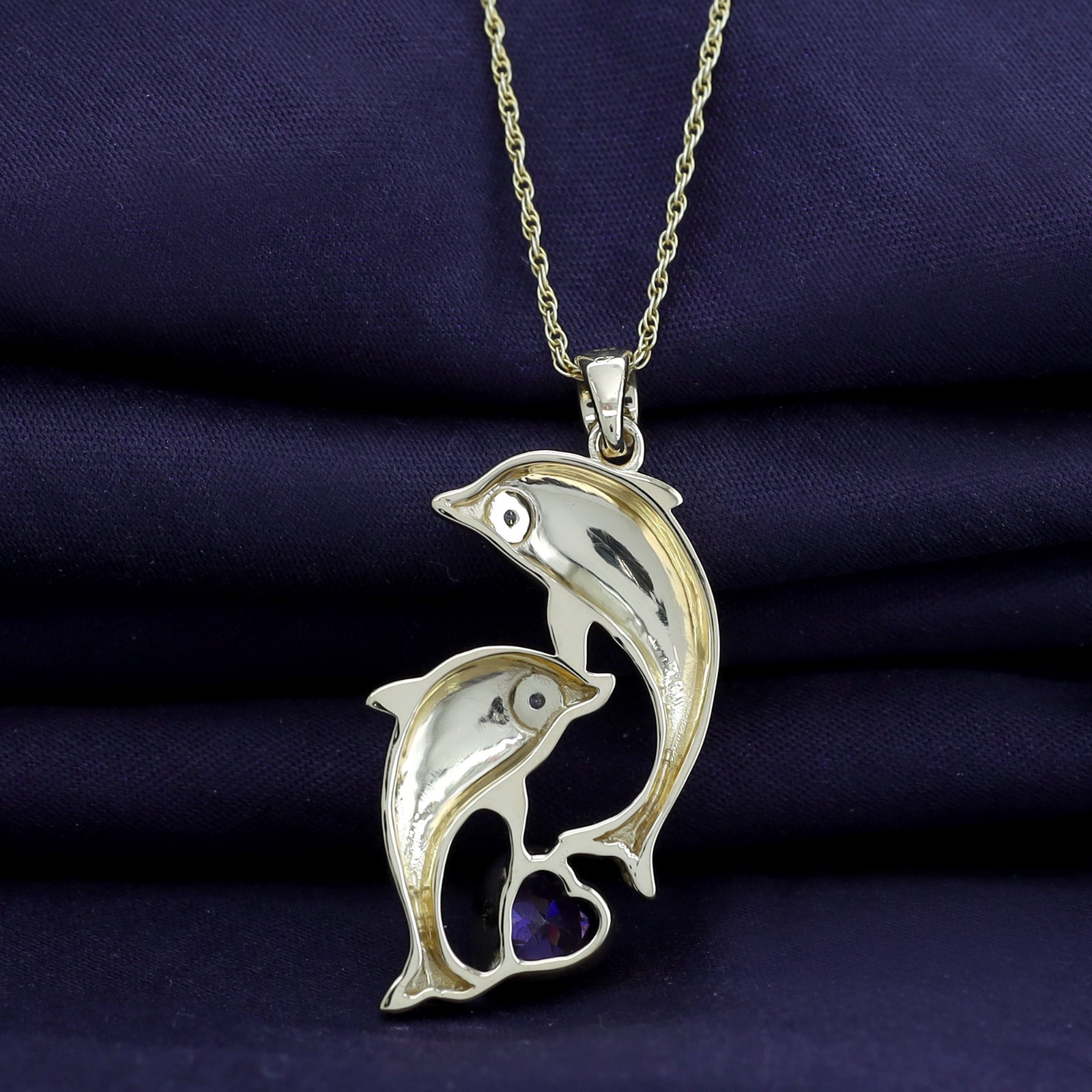 Dolphin Pendant Necklace 18″ Simulated Amethyst 14K Yellow Gold Plated Sterling