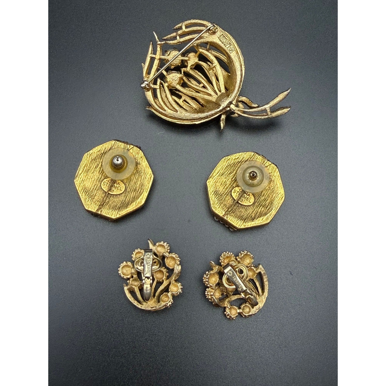 Lot Lisner Faux Pearl Brooch Crown Trifari Mimosa Earrings, Cat Stimmel Earrings