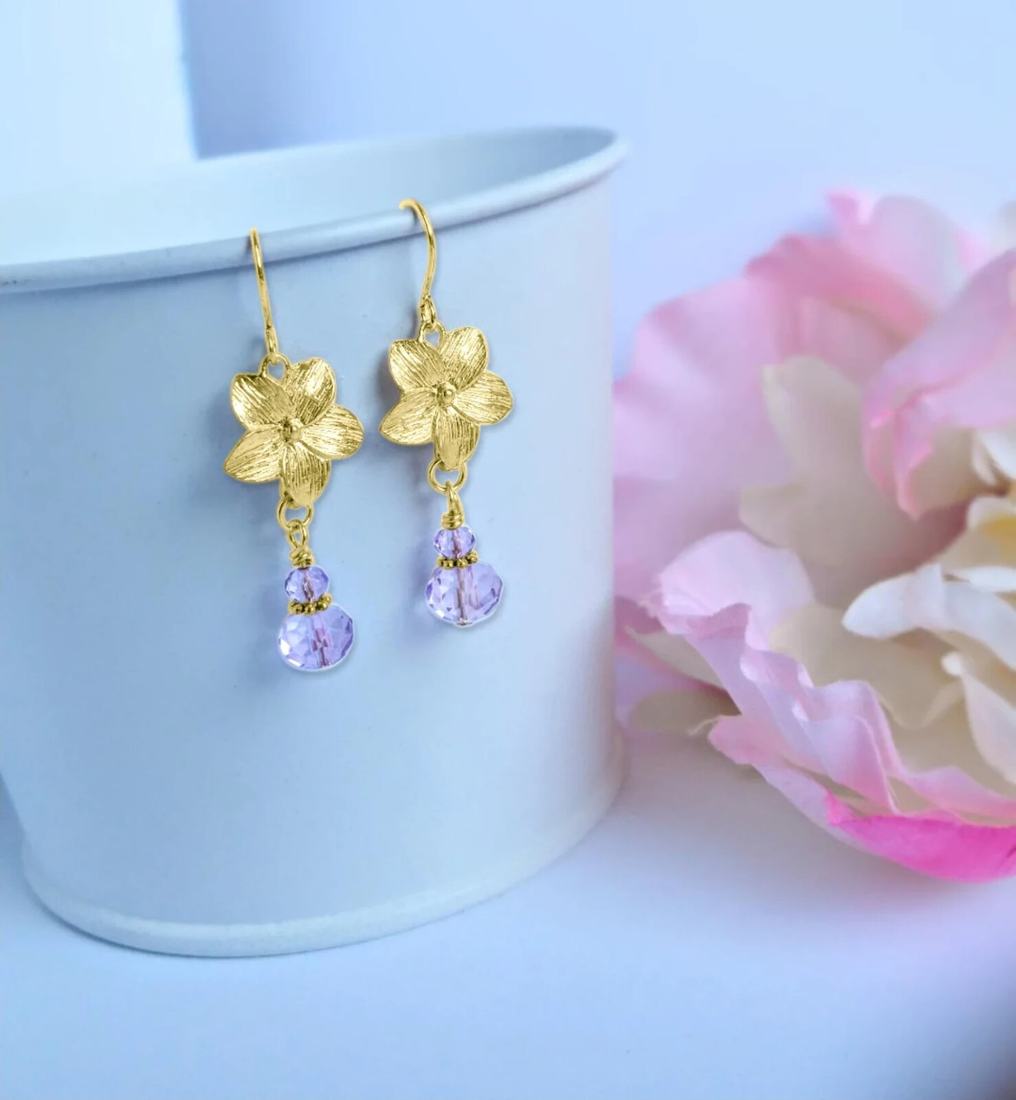 Gold Plumeria Earrings, Gold Bridal Earrings, Dainty Gold Earrings, Flower