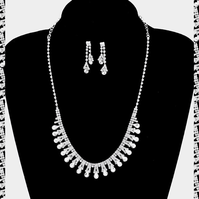 Crystal Rhinestone Evening Wedding Statement Necklace Bridal Teardrop Set Prom