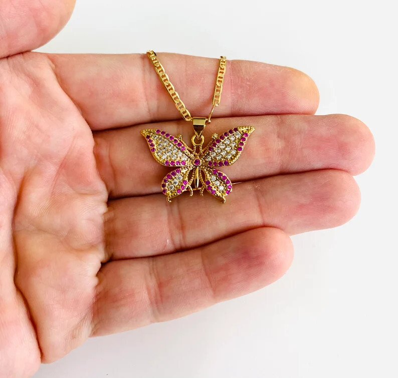 18K Gold Filled Butterfly 16 in Necklace, White Pink Cz Butterfly Pendant- P142