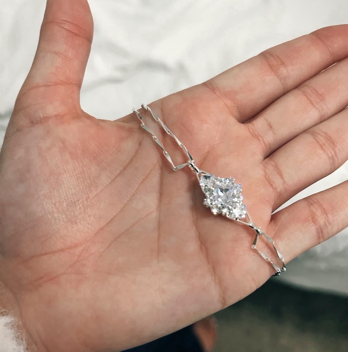Silver Tone Link Chain Choker Necklace w/ Clear Marquise CZ Cluster Pendant