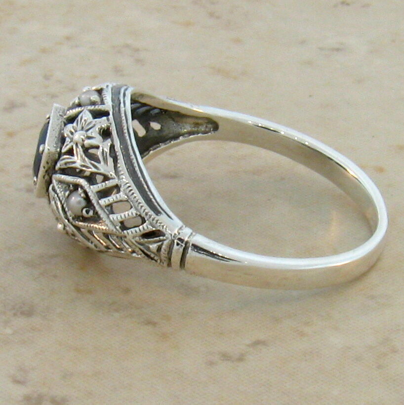 ANTIQUE STYLE GENUINE SAPPHIRE & PEARL 925 STERLING SILVER DECO DESIGN RING #069