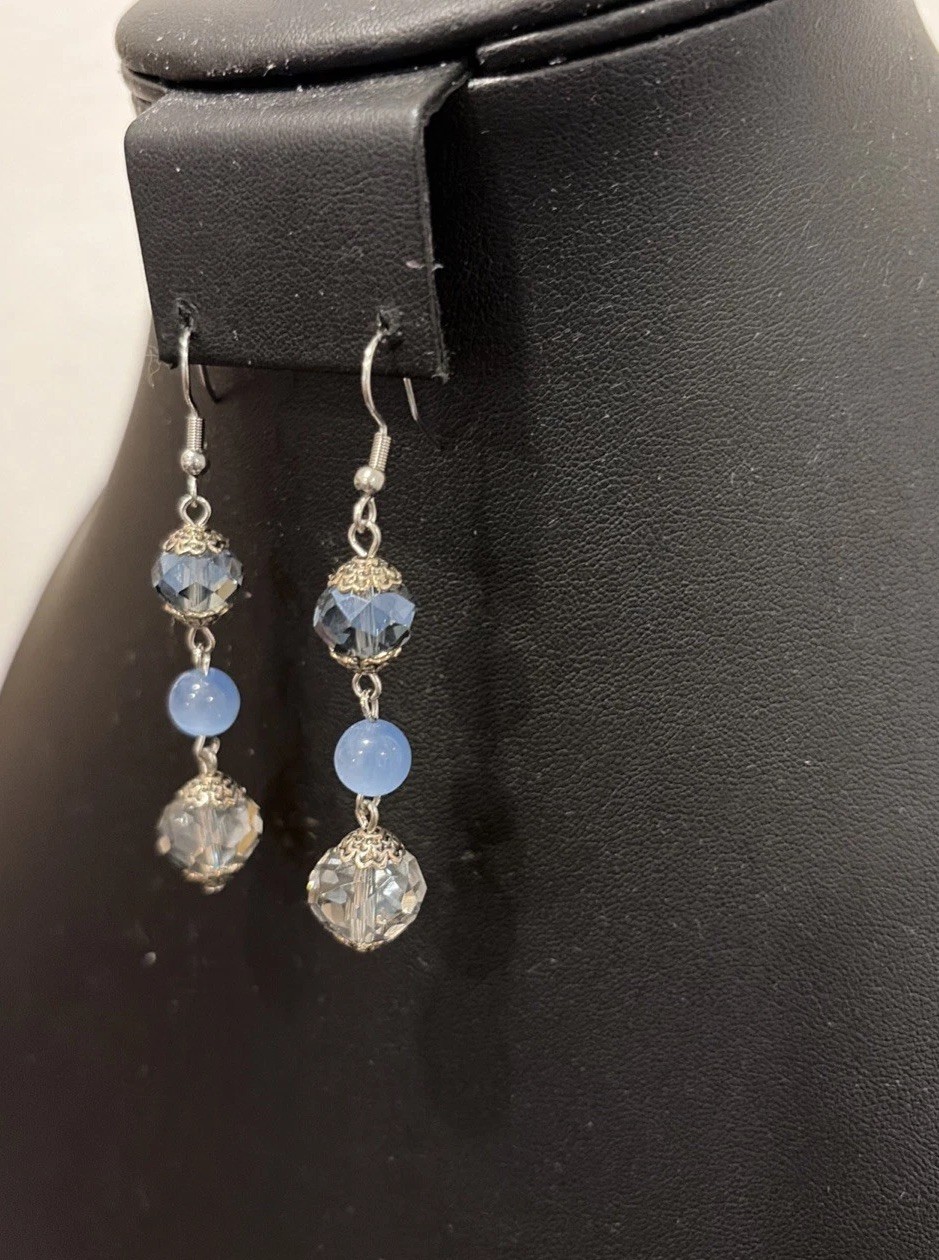 Handmade Blue Grey Silver Beaded Glass Crystal Catseye Dangle Fashion Earrings