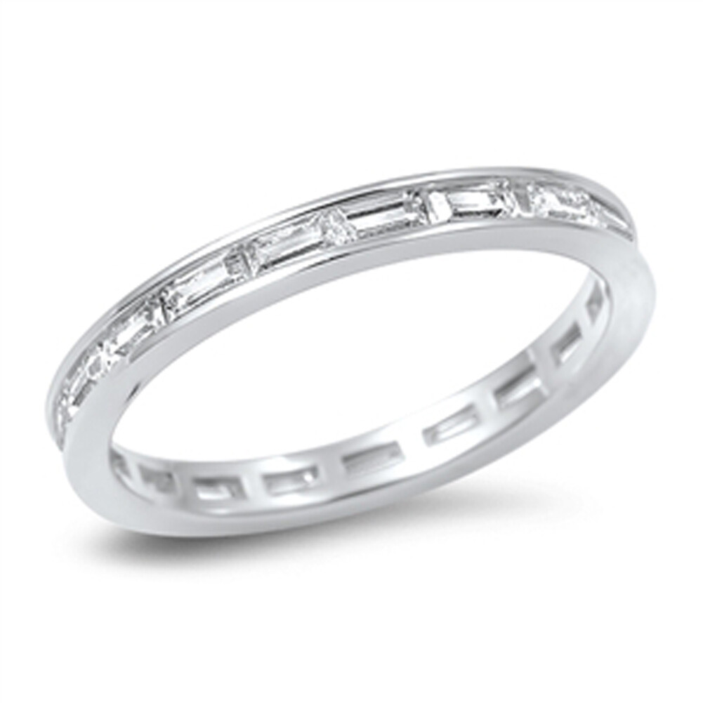 Green Cut Eternity Stackable Band Clear CZ Ring 925 Sterling Silver Sizes 4-10