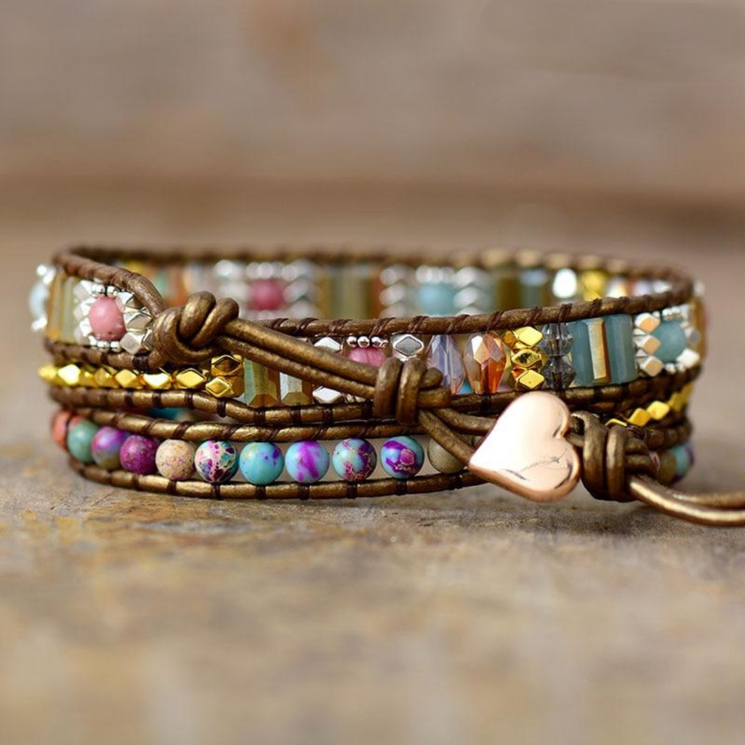 Natural Jasper Stone Crystal Beaded Bracelet Leather Braided Wrapped Bracelet