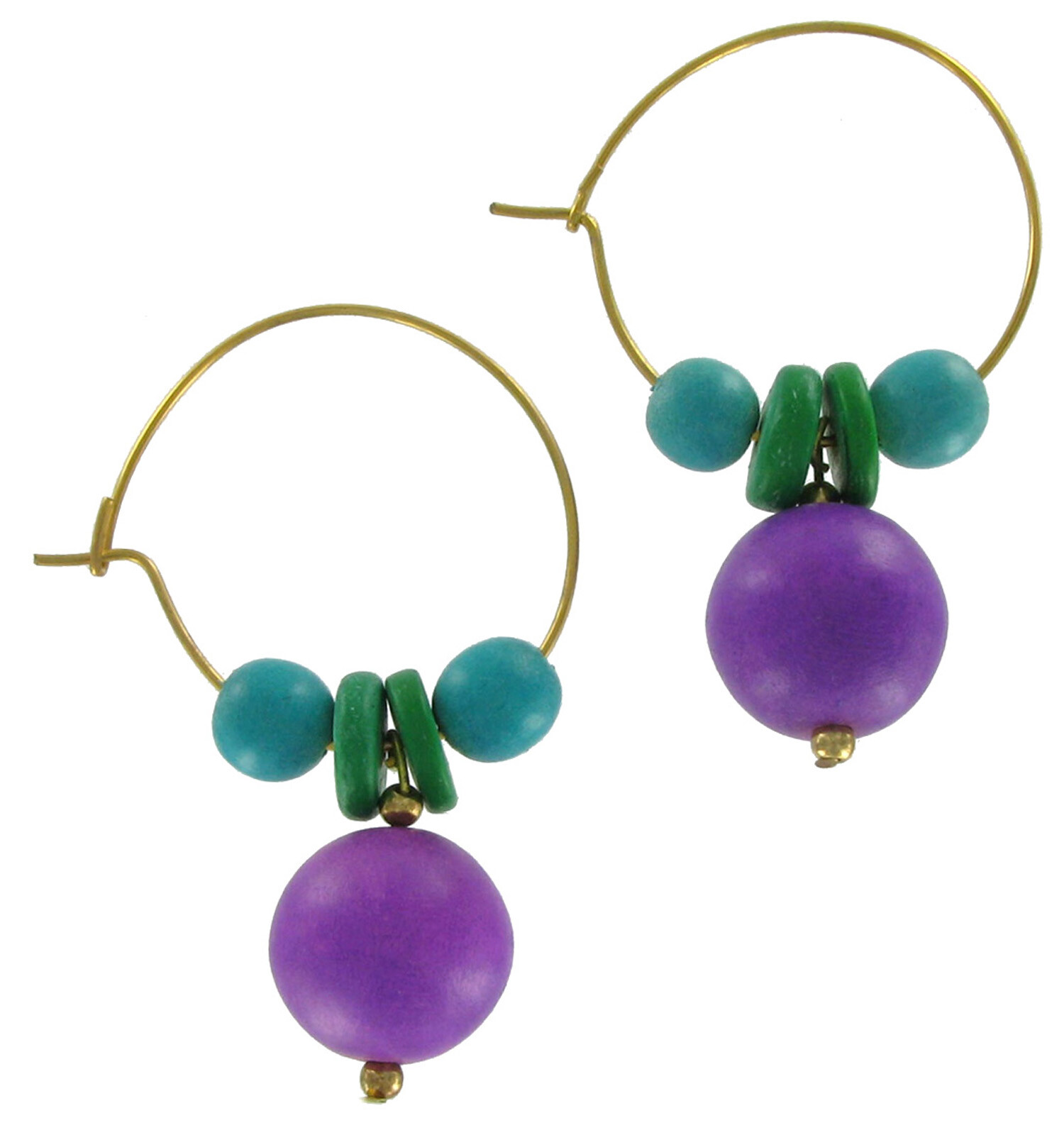 Purple Green Blue Wood Beaded Wire Pierced Hoop Earrings 1 1/4″
