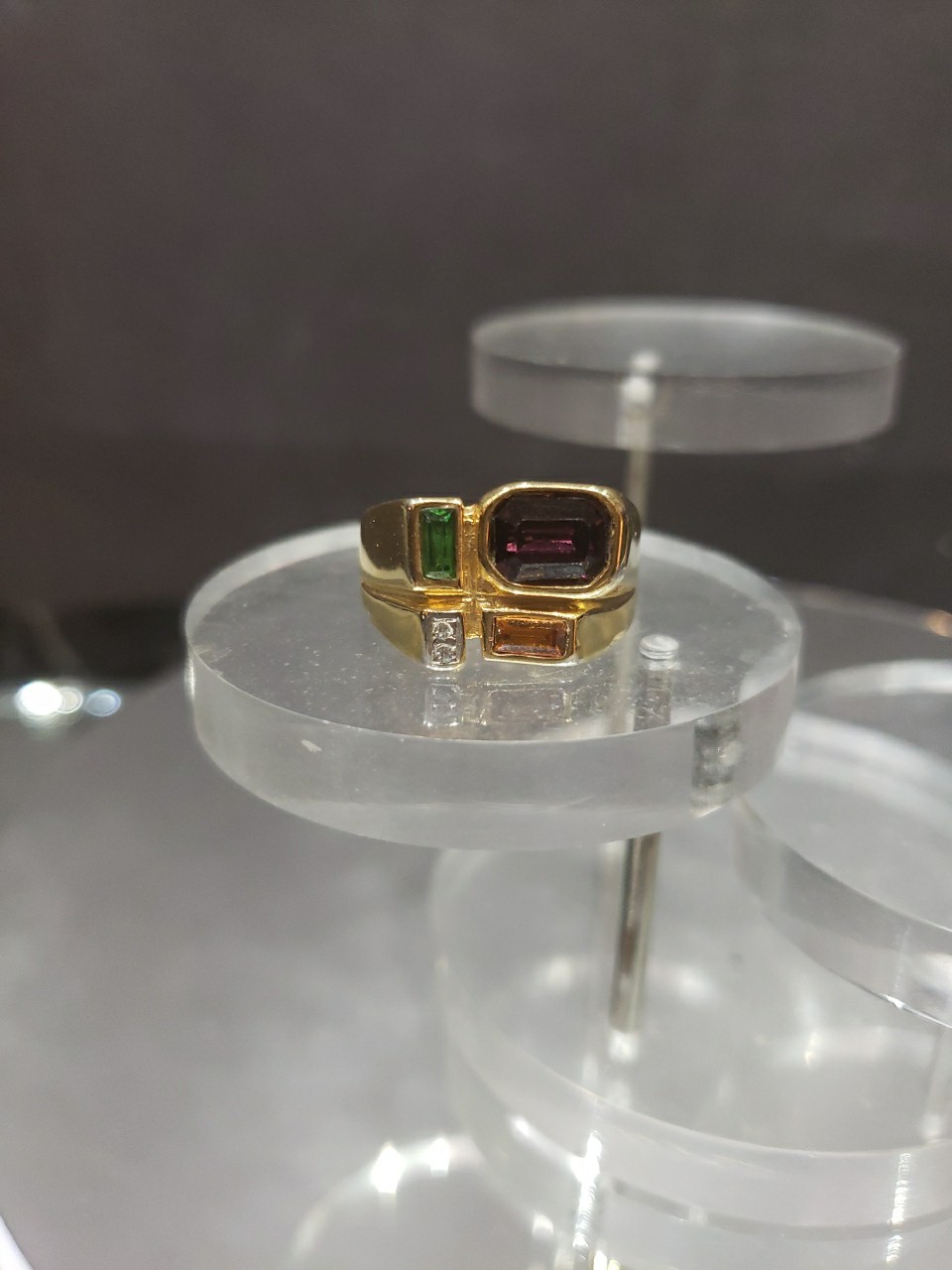 Multi color Ring sz 9 -9.25, 18k GE gold tone Crystal rhinestone purple Green