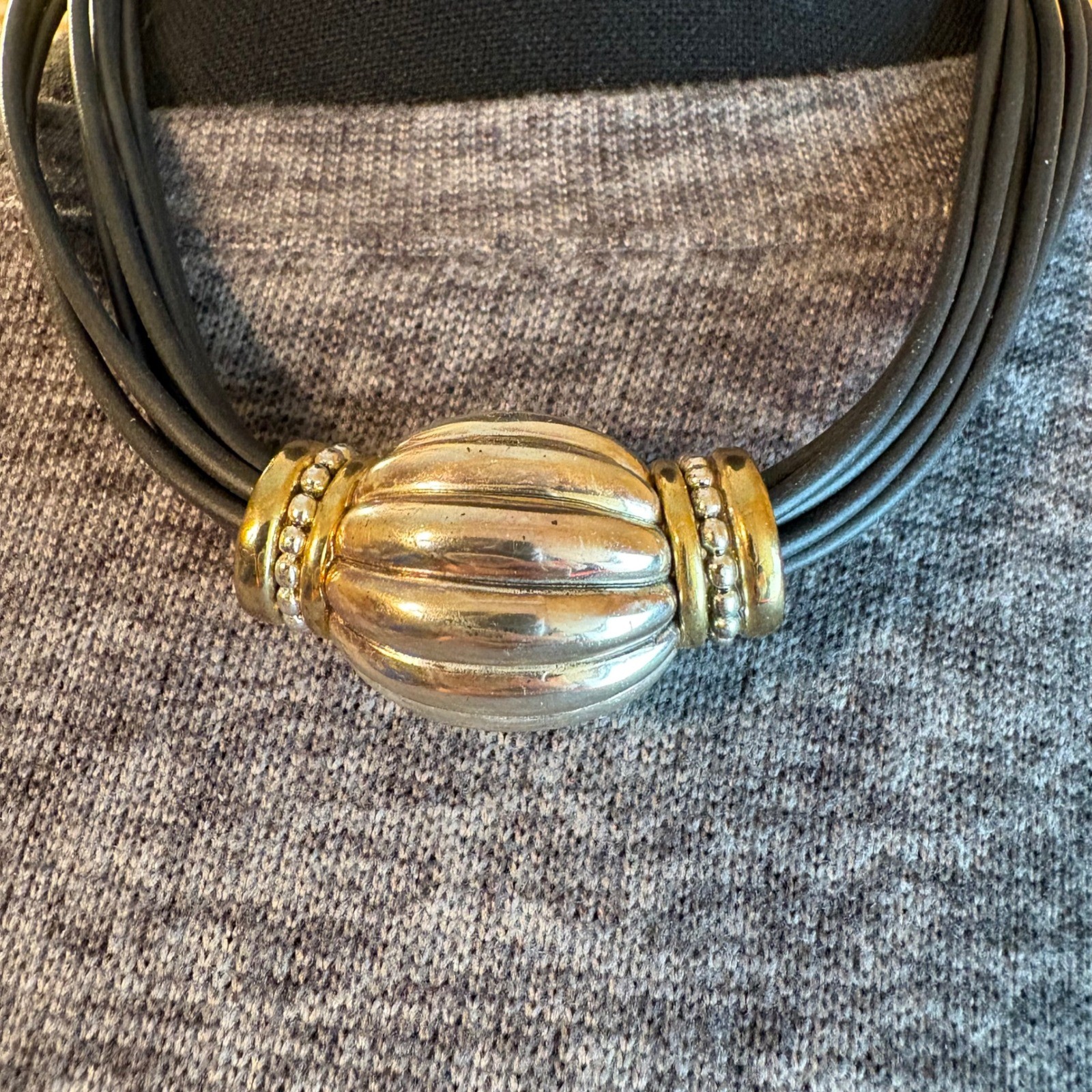Multi Strand Black Cord Necklace Ribbed Silver Tone Bead Gold Accents