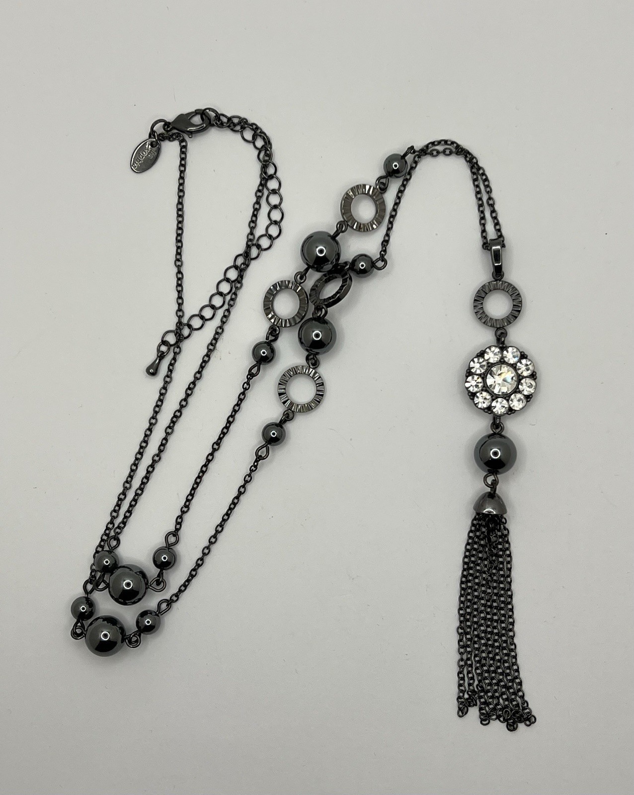 Lia Sophia 27 Inch Long Gunmetal Tone Necklace, Hematite Tone Beads & CZ EUC
