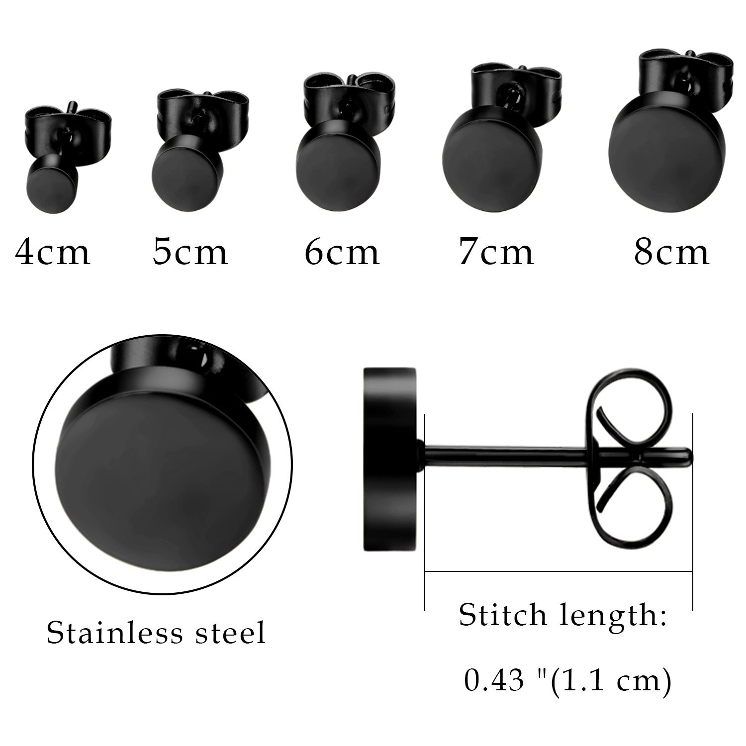5Pair Stainless Steel Stud Earrings Pierced Tunnel Unisex Round Triangle 4mm-8mm