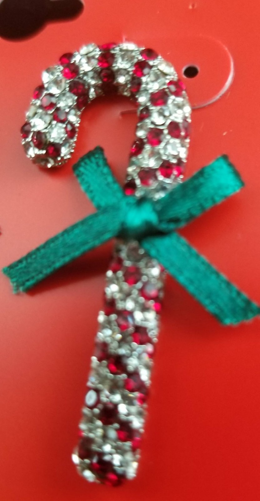 LADIES CHRISTMAS CANDY CANE STUD BACK RED CLEAR AN GREEN BOW RHINESTONE EARRINGS