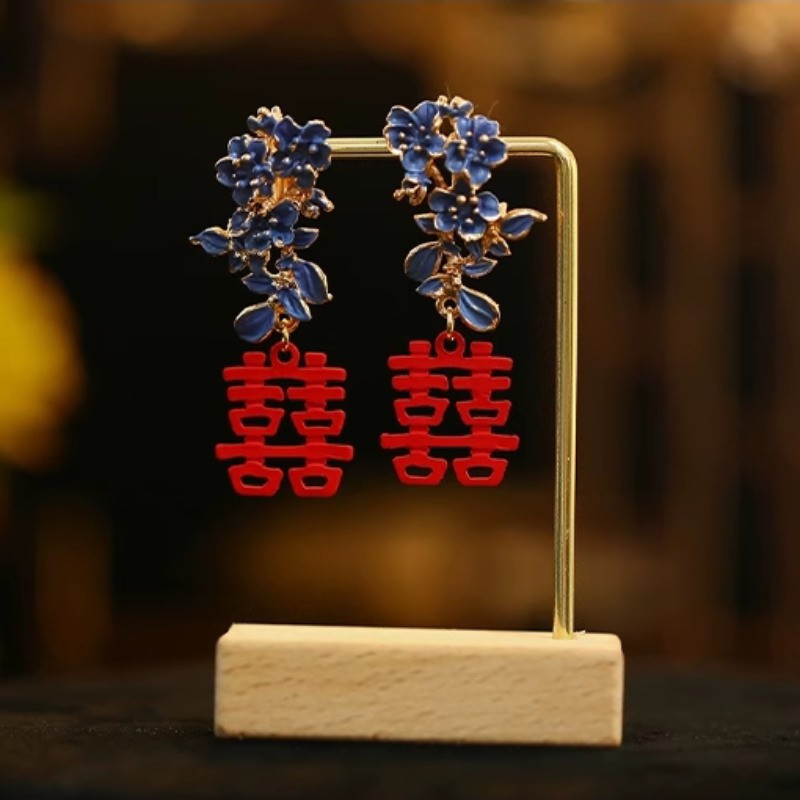 1Pair Chinese Handmade Red Double Happiness Earrings Cloisonné Hanfu Accessories