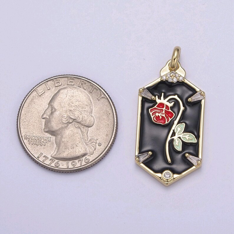 Dainty hexagon red rose pendant fairytale inspired in black diy fashion