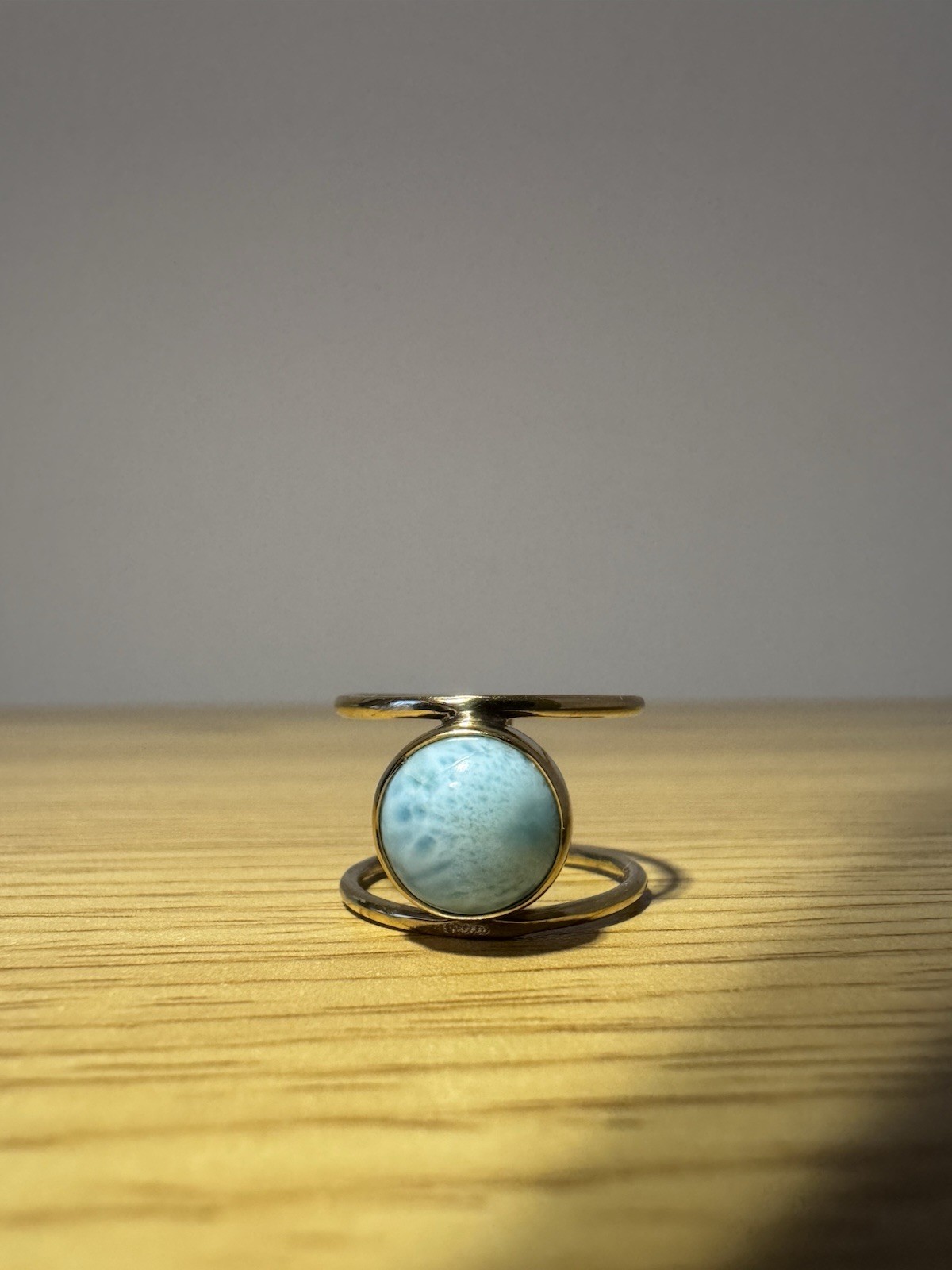 Natural Larimar Gemstone Handmade Ring Size 7 from Caribbean Ocean Yellow Gold
