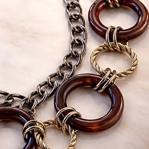 Mixed Metal Resin Ring Layered Necklace Gold Gunmetal Amber Statement Chain