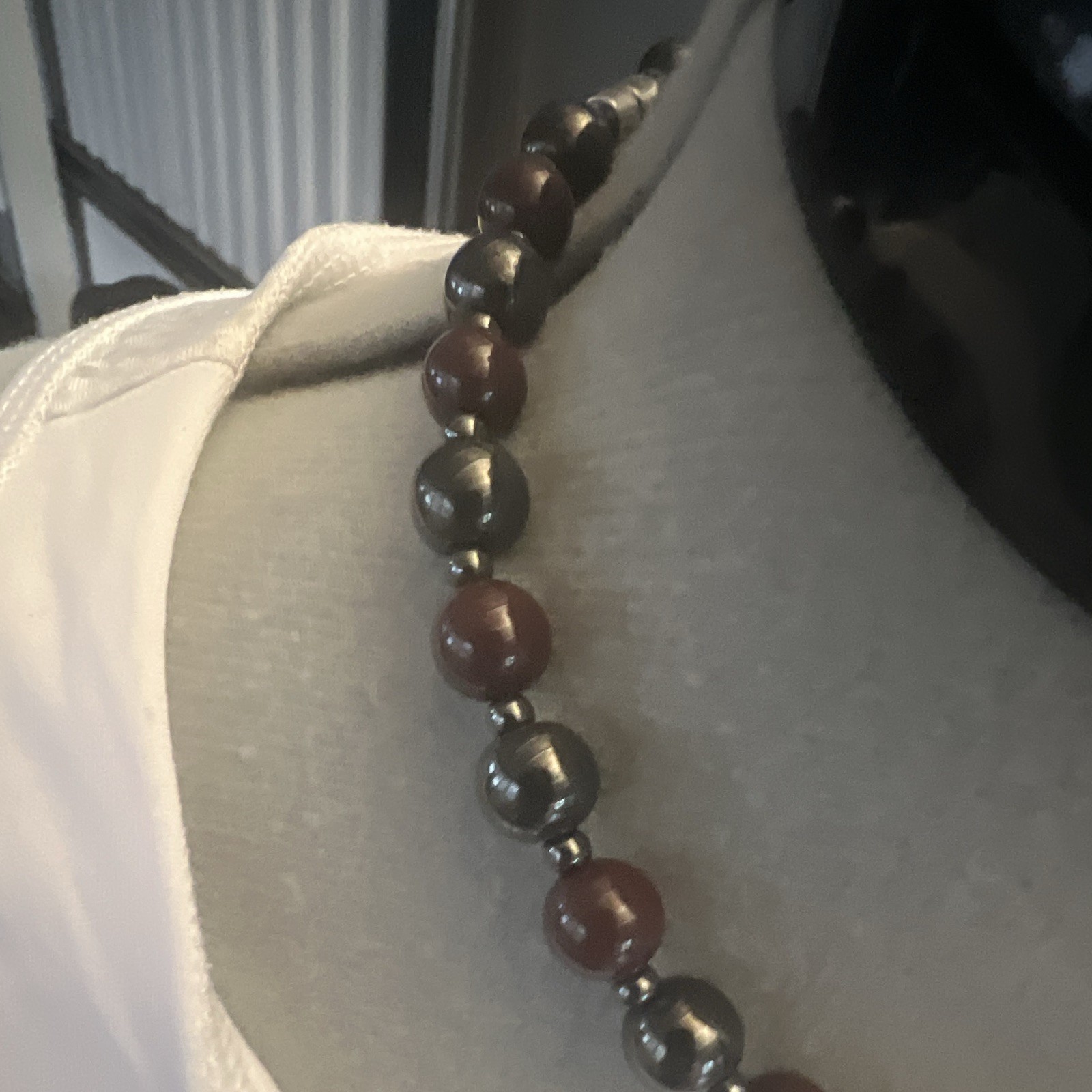 Hematite Brown & Silver Tone Beaded Necklace, Round Gray Stones, Barrel Clasp